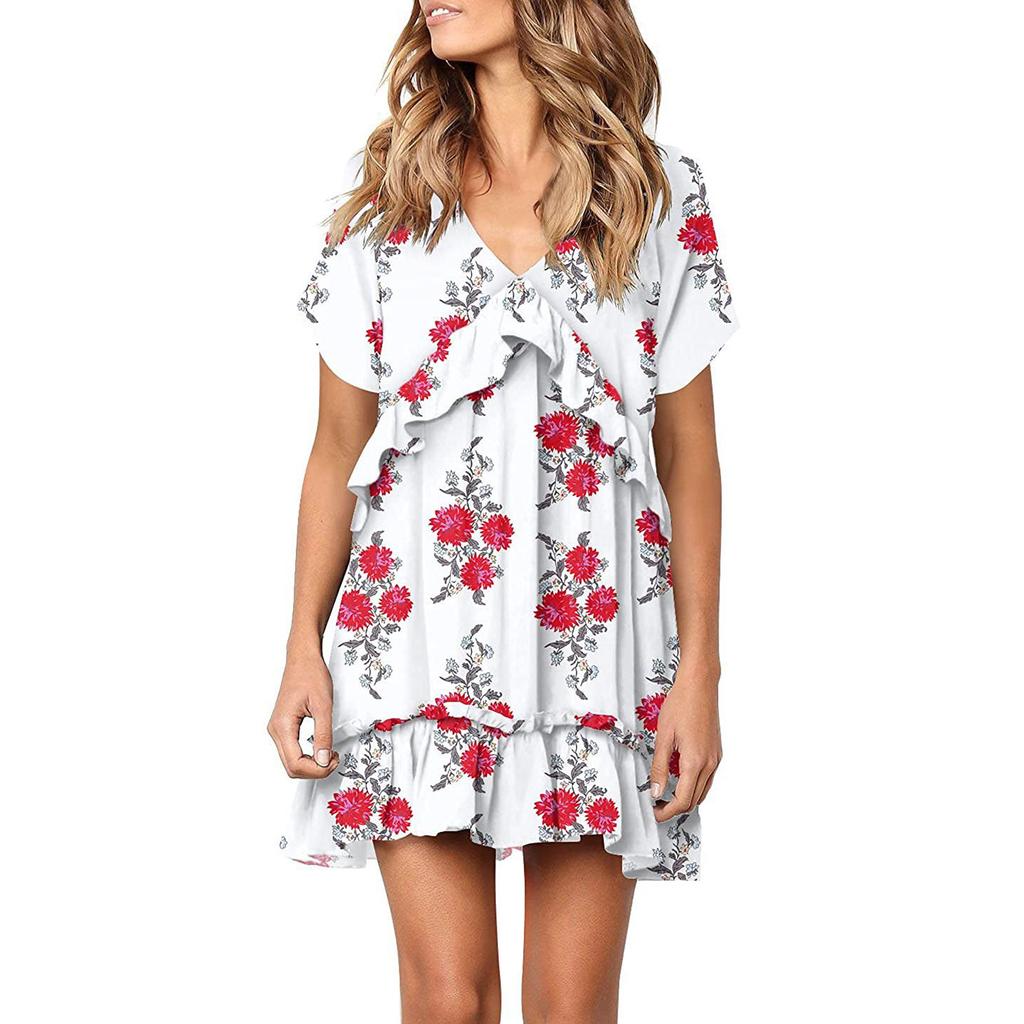 Fashion Women V-neck Printed Short Sleeve Dress Fresh Girly Style Dress