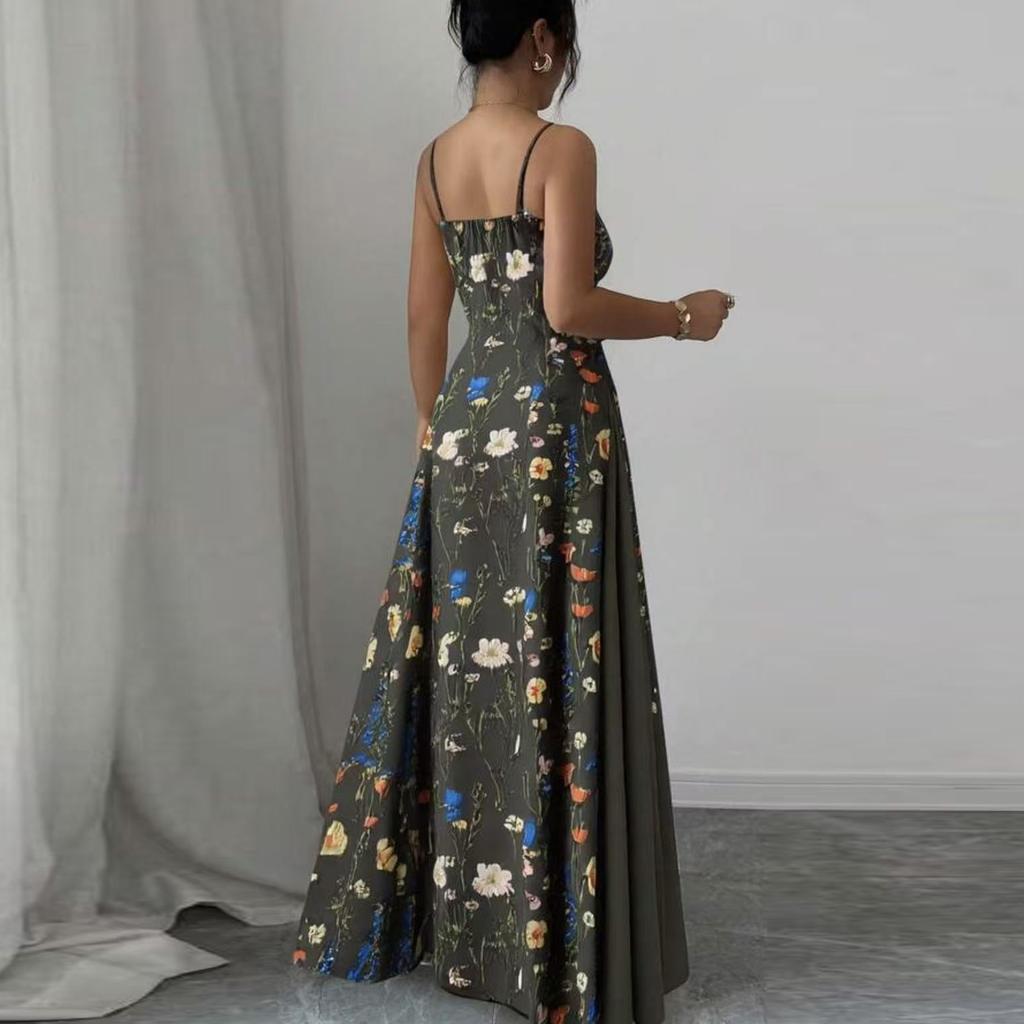 Women's Sleeveless Spaghetti Strap Floral Print Maxi Dress Fitted Waist Casual Summer Long Dress for Daily Wear
