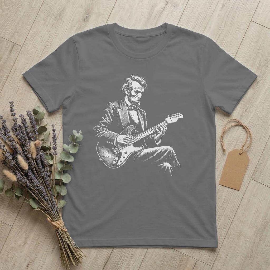 Unisexs TShirts Abraham Lincoln Playing Electric Guitar Funny Vintage Cotton Tee Short Sleeve T Shirts Crewneck Merch Printing