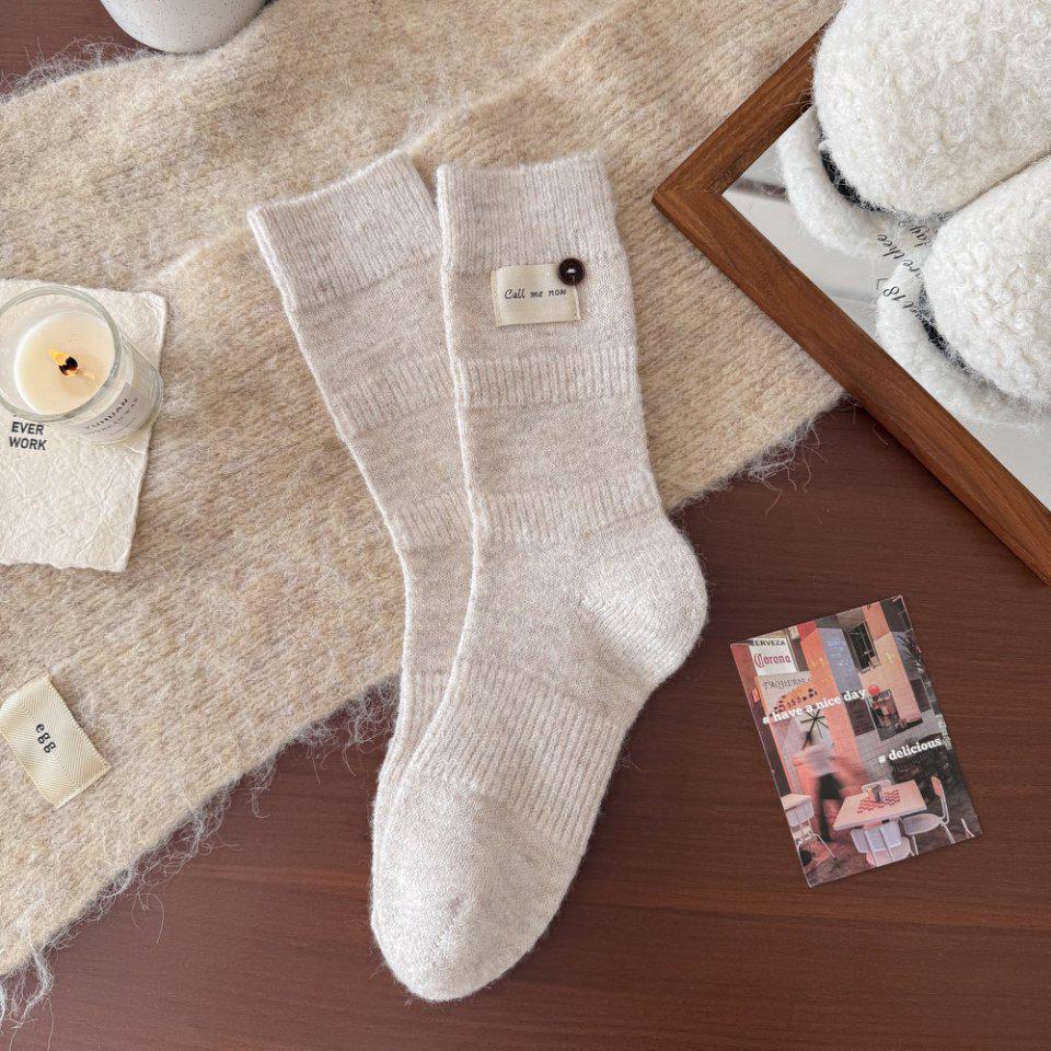 Women's Wool Mid-Calf Socks: Warm, Thick, Knitted with Button Detail, Solid Color, Simple and Chic
