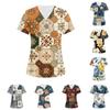 Damen V-Ausschnitt Drei-Taschen Kurzarm Retro-Print Uniform/Pflegekraft Oberteil Mit Schlitzen Am Saum