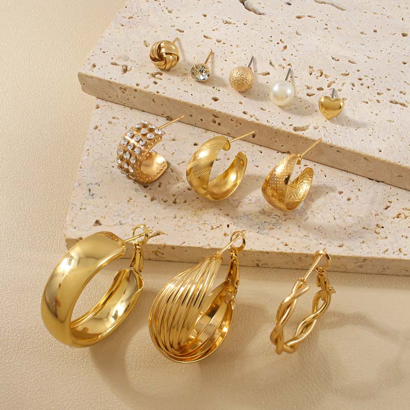 6 Stück/Set Vintage Goldfarbene Gedrehte Creolen-Ohrringe Set Für Damen Minimalistischer Metall-Herz Geometrischer Klobiger Ohrring Schmuck