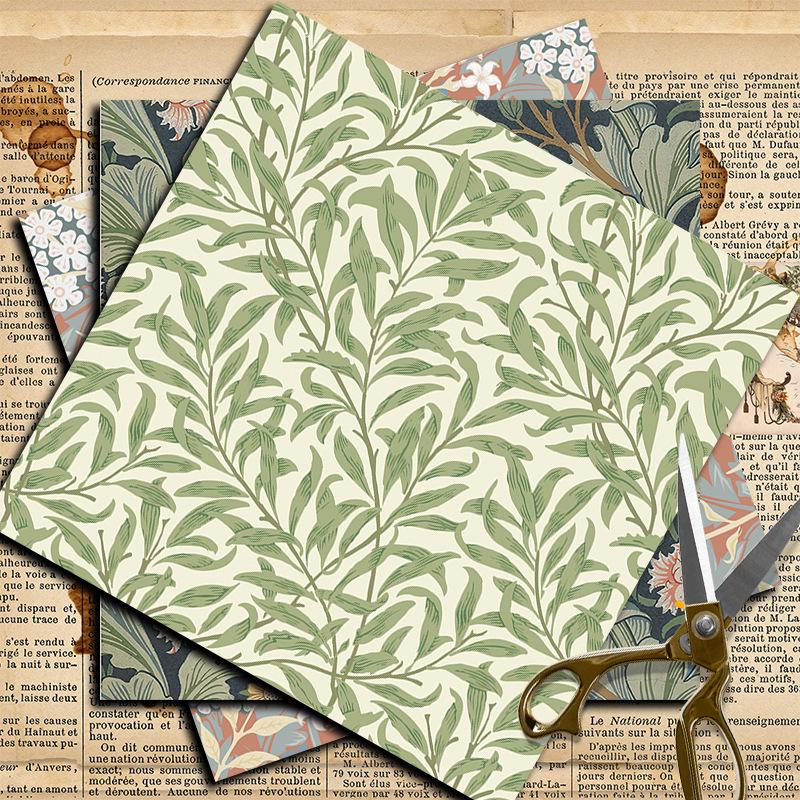 12 Sheets William Morris Patterned Paper with Double-sided Tape, Foldable Stickers, Gift Box Decoration, and Background Pattern