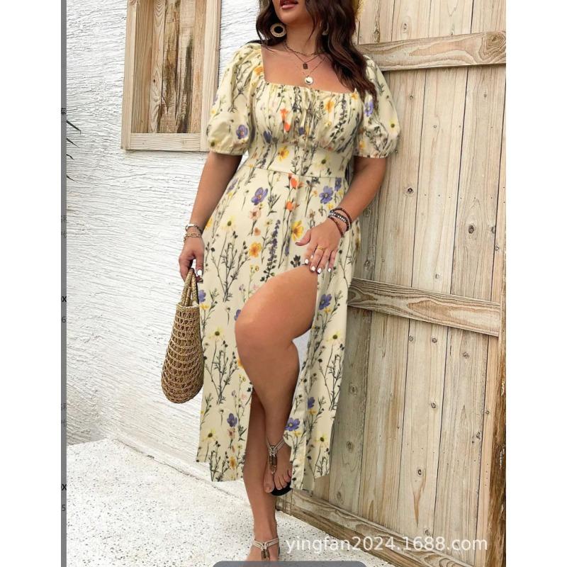 New large size women's clothing large size temperament thin split flower dress summer