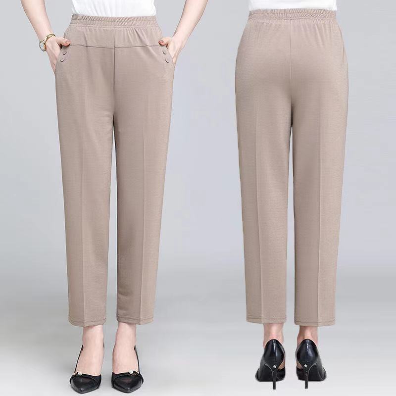 Women's Cotton Middle-aged Mother Trousers Loose Elastic Waist Casual Pants Spring Autumn Loose Solid Women's Straight Pants