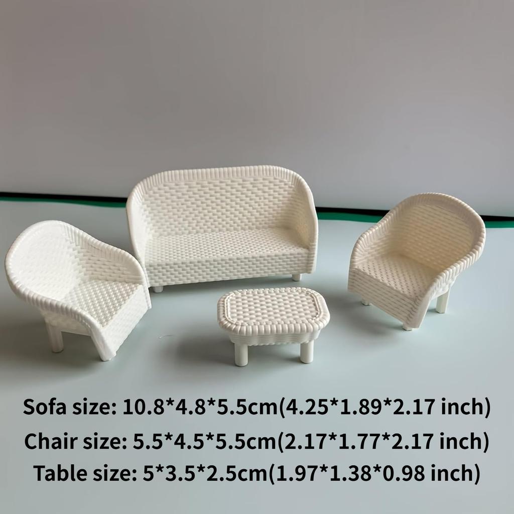 4 PCS Miniature White Wicker Tea Table & Chair Set Dollhouse Furniture Micro Landscape Props for Bedroom Fairy Garden Decor