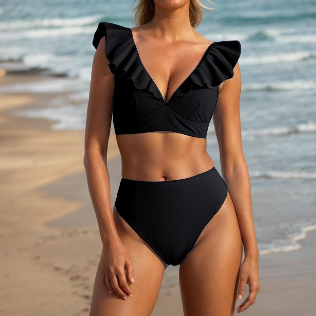 Women's Ruffled V-Neck Bikini Set High Waist Two-Piece Swimsuit with Shoulder Straps, , Sizes S-XL