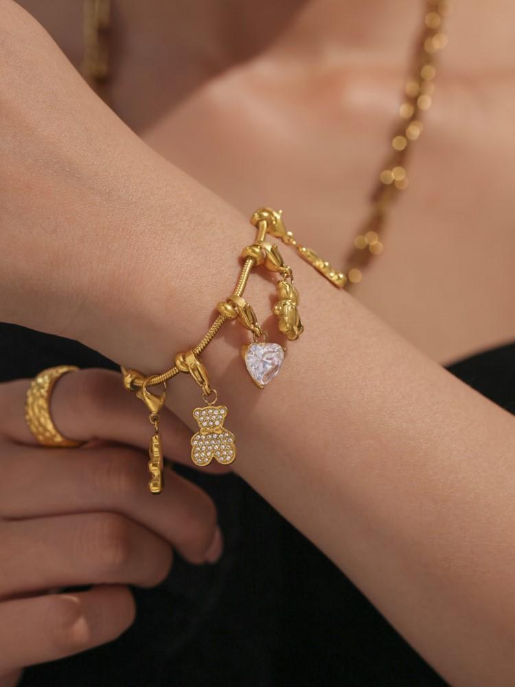 Stainless Steel Multi Bear Charms Bracelets For Women 18k Gold Plated Waterproof Non Tarnish Women's Removable Charm Bracelet