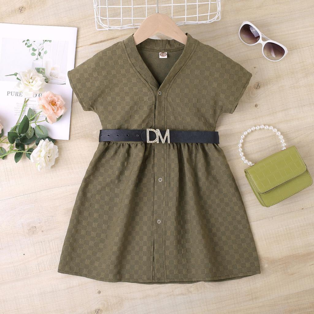 Vestido da Moda para Meninas, Vestido de Verão Infantil de Cor Sólida Quadrado Elástico de Manga Curta com Cinto