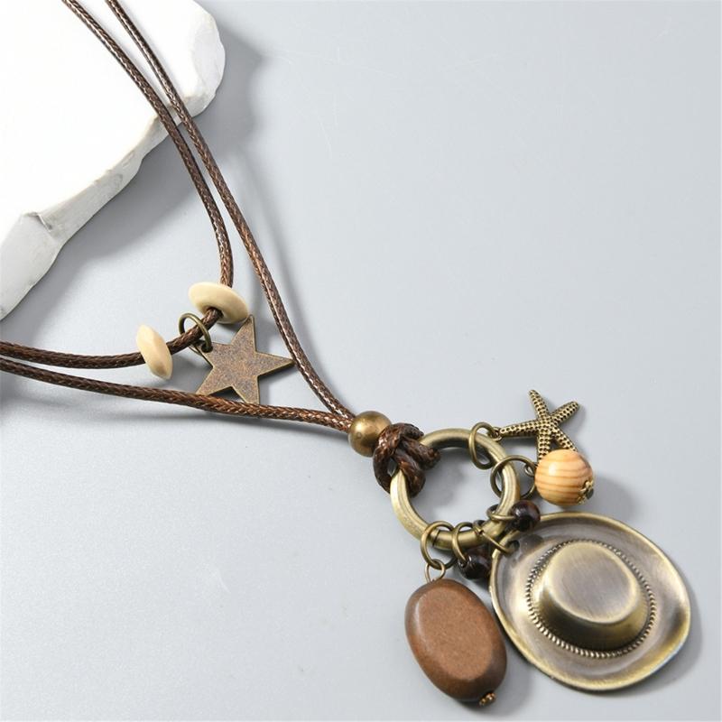 Western Styles Long Chain Necklace Artisanal Crafted Wax Cord Alloy Pendant Wooden Bead Accents Retro Fashion Accessory