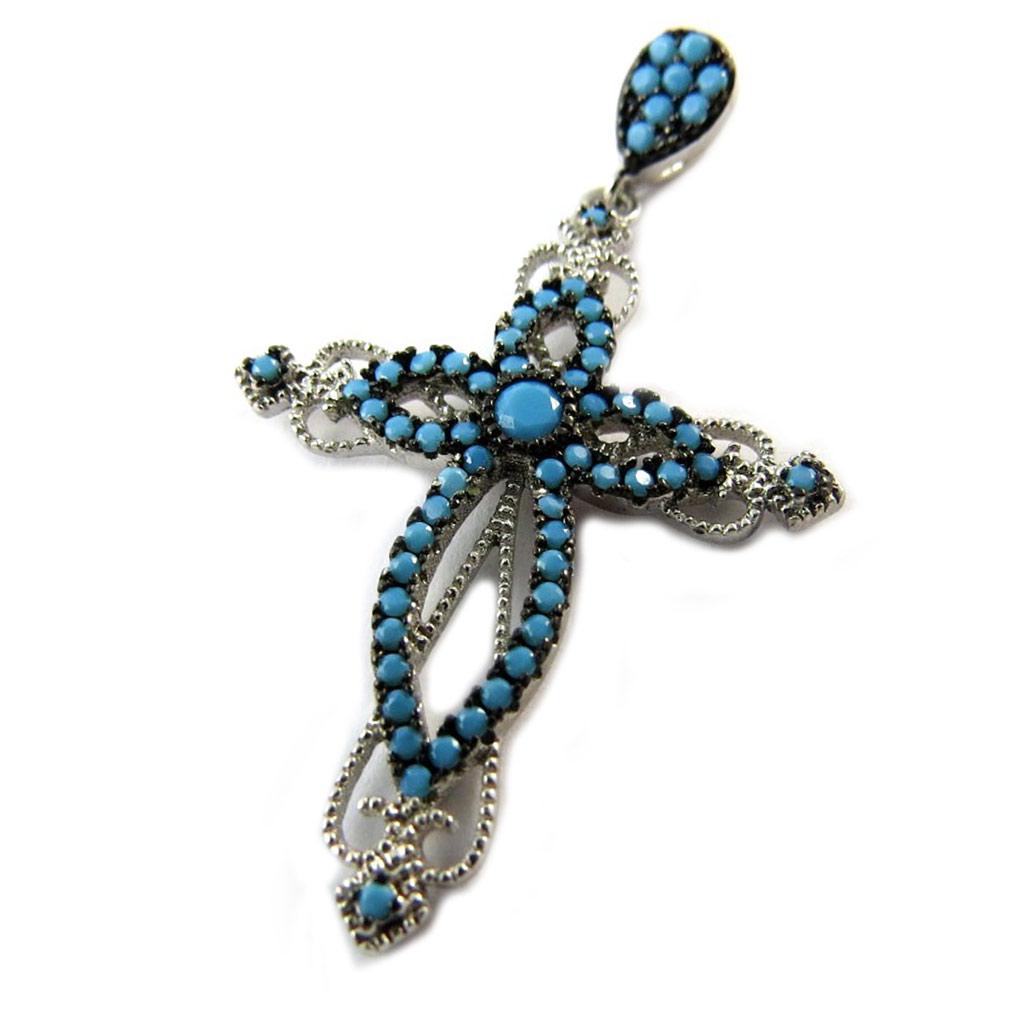 Les Trésors De Lily [P1183] - Silver Pendant 'Baroque Cross' Turquoise Silver