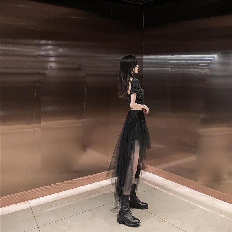 Women's High Waist Bust Mesh Skirt Short Korean Office Lady  Ball Gown  Knee-Length