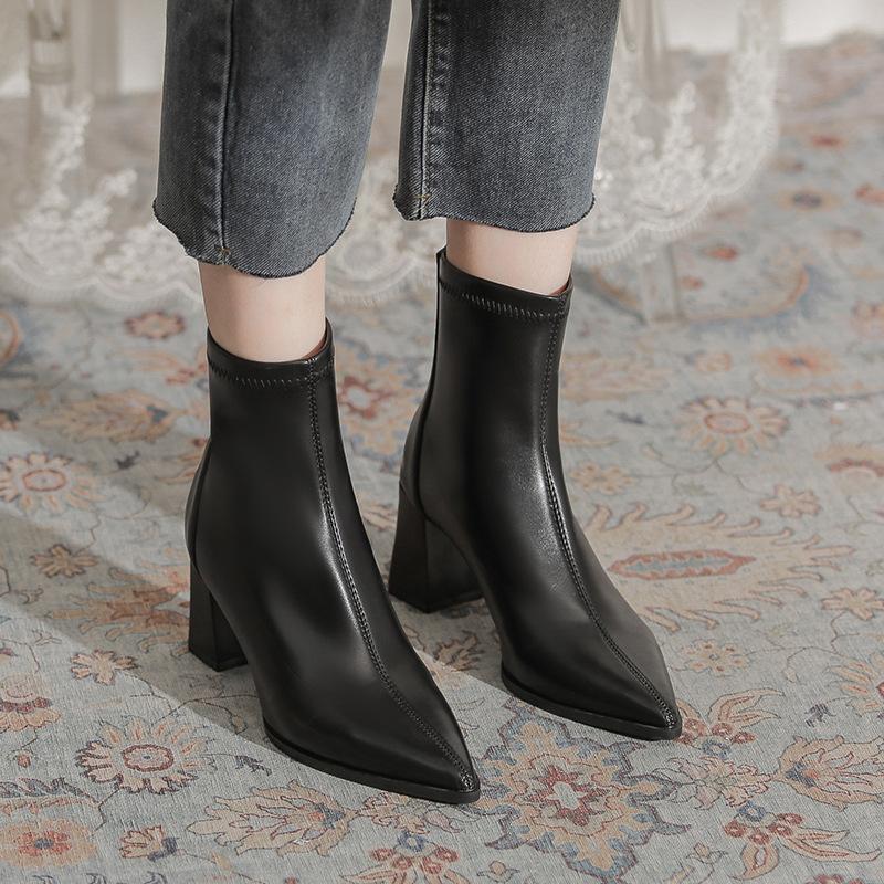 Soft leather pointed thick heel short boots women's 2025 autumn and winter new thin popular fashion versatile zipper Martin boots