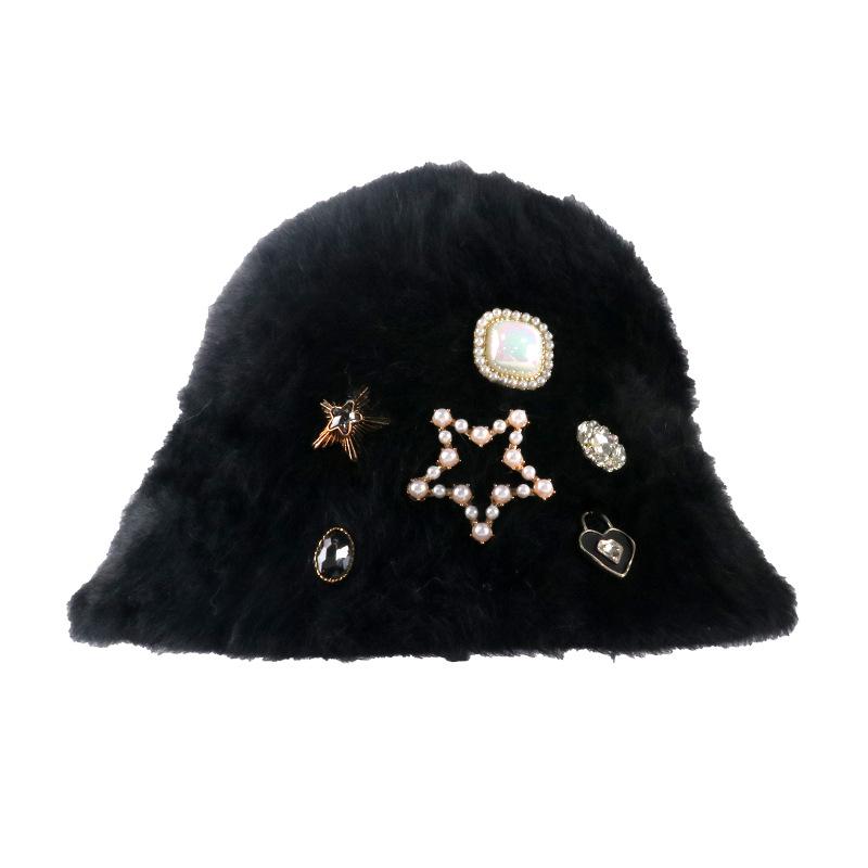 Autumn and winter light luxury rhinestone thickened and enlarged rabbit hair wool hat women's fashion light luxury warm ear protection bucket hat