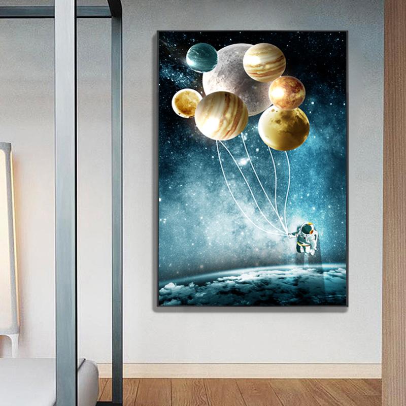 Balloon Wall Art Canvas Painting Astronaut Planet Space Prints Posters Nordic Cartoon Animal Wall Pictures for Kids Living Room No Frame