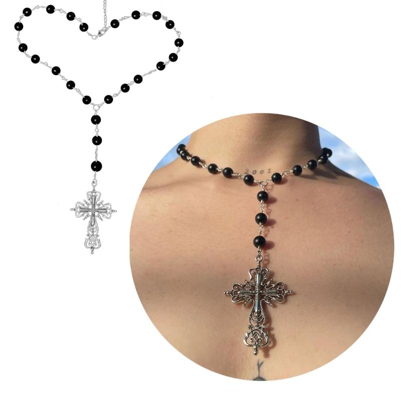 Gothic Black Pearl Cross Jesus Pendant Choker Prayer Beads Rosary Necklace for Women Punk Vintage Chain 2026 Neck Jewelry New