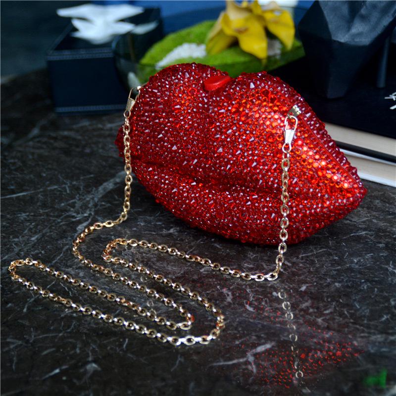 Dinner Bag Women's Lip Chain Bag European and American Style Diamond-set Nightclub Hand-held Party Rhinestone Bag Party Bag