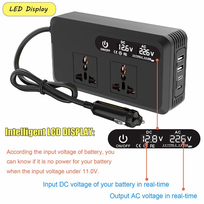 200W Multifunctional Car Inverter 12V to 220V EU Sockets USB C Port Cigarette Lighter Plug for Drivers