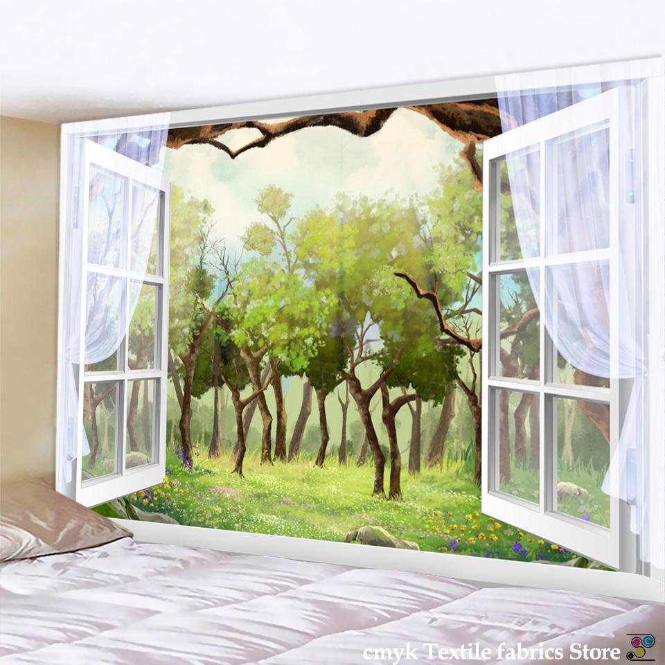 Wald vor dem Fenster Landschaft Wandteppich Hängen grüne natürliche Pflanzen Bohemian Hippie Psychedelic Schlafzimmer Home Decor