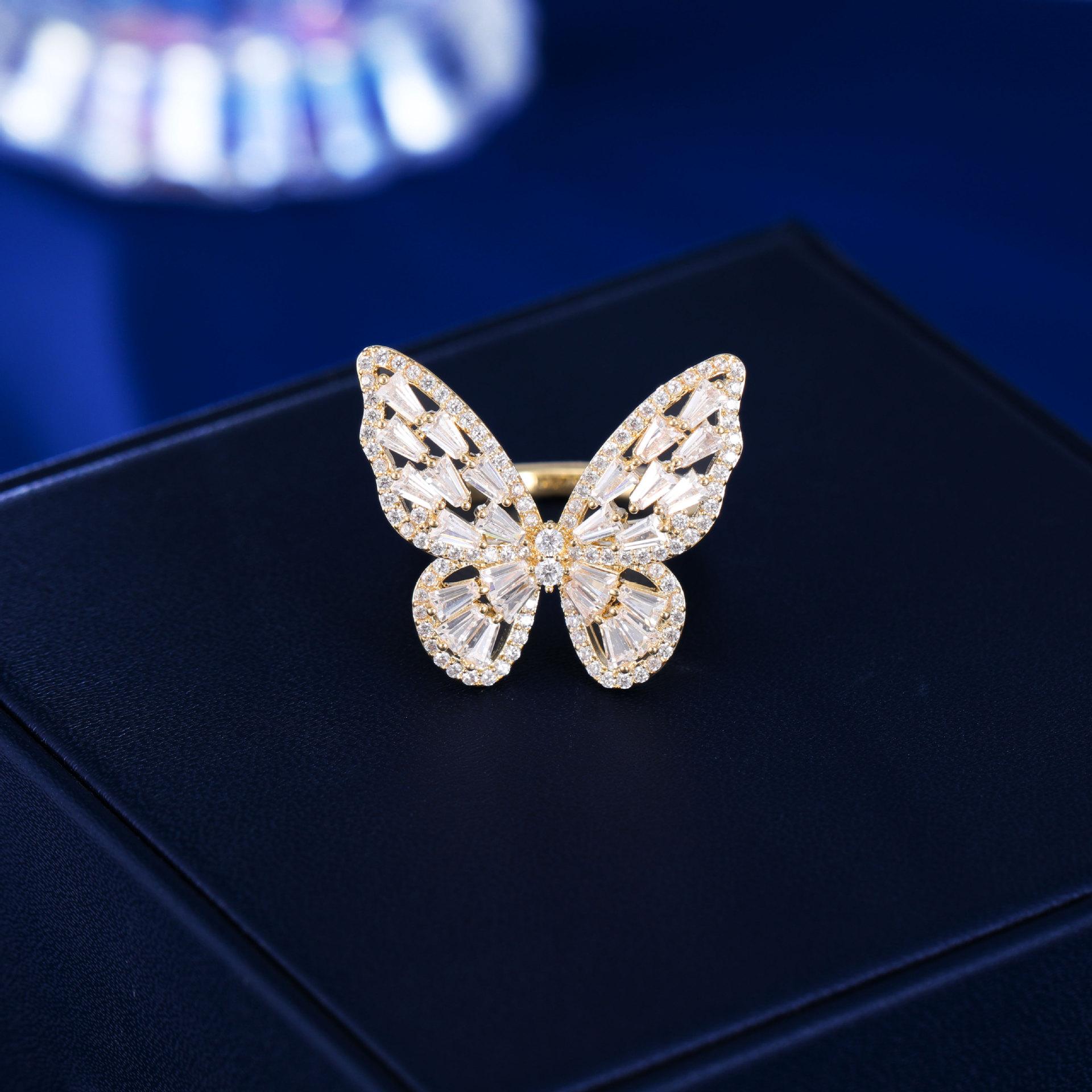 

Французское легкое роскошное инкрустированное циркониевое кольцо женское открывающееся регулируемое умное модное трехмерное кольцо-бабочка с указательным пальцем аксессуары золотой