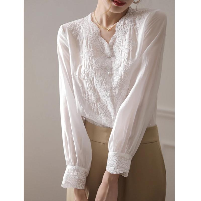 Elegant V Neck Sweet Long Sleeve Women Blouse Embroidery Flower Lace Women's Shirt Fashion Casual Simple Autumn Loose Sunscreen Top 2967