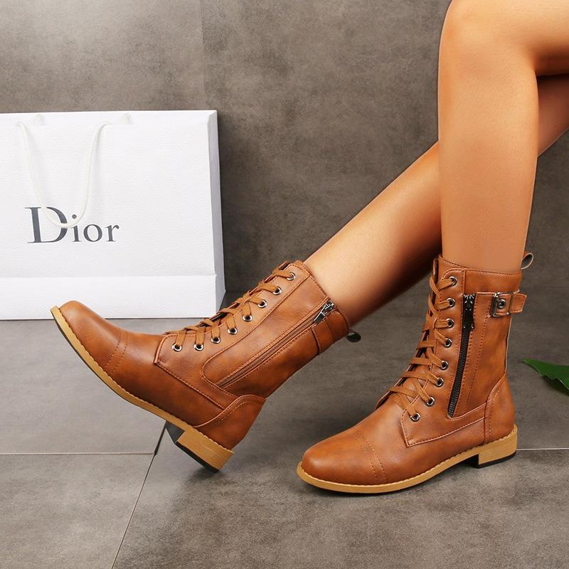 Autumn and Winter New Wind Knight Boots Side Zipper Lace-up Medium Tube Casual Women's Boots