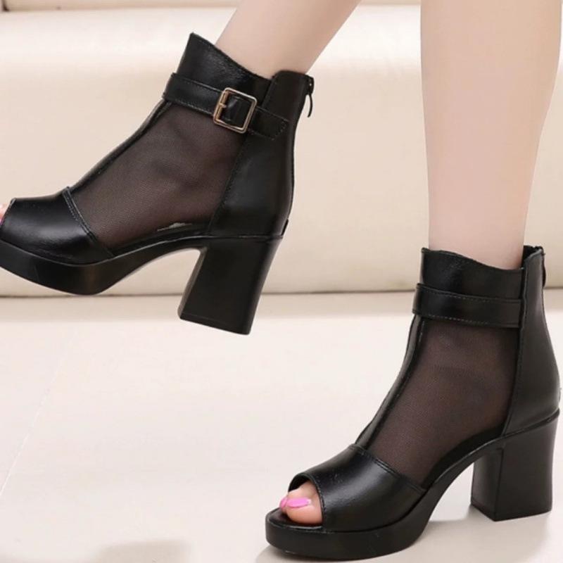 

Весна и лето подиумная сетчатая пряжа первый слой коровья кожа женская обувь толстый каблук средний каблук открытый носок универсальная удобная прохладная кожа с 35