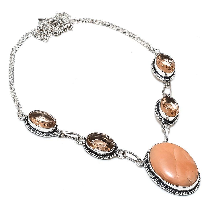 Natural Orange Aventurine, Morganite 925 Sterling Silver Necklace 18" i8M69