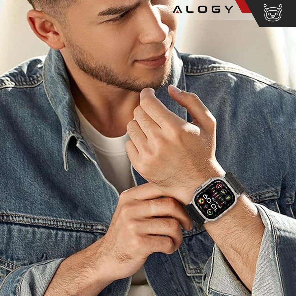 Pasek Nylonowy Alogy Nylon Strap Band Na Rzep Do Apple Watch 42/44/45/49Mm Czarny