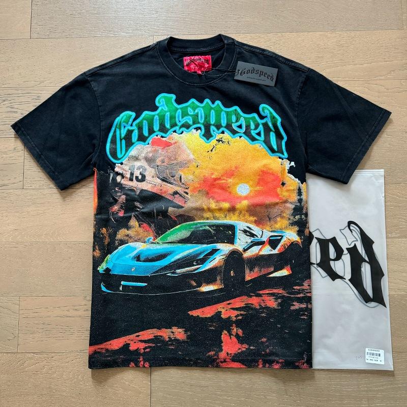 Godspeed retro printing foreign trade beauty tide high street men and women casual trend hip hop apricot old short sleeve T-shirt