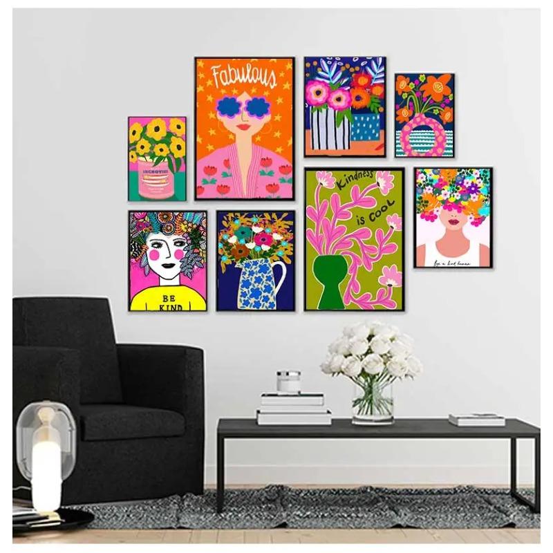 Leopard Lady Colorful Rainbow Flower Cup Wall Art Canvas Painting Nordic Posters and Copies Wall Photos for Living Room