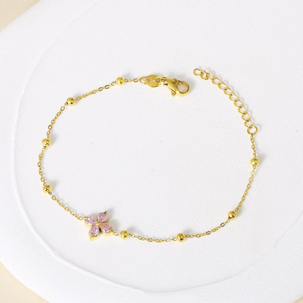 Zircon Stainless Steel Fashion Bracelet Adjustable 18K Gold Plated Colored Zircon Four-leaf Clover Flower Design Simple Bracelet