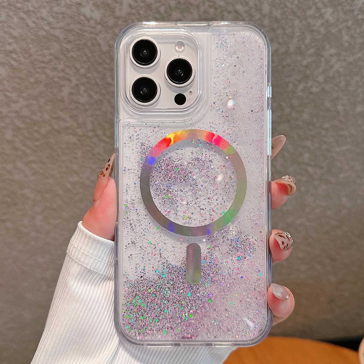 

For iPhone 16 Pro Max Case Compatible with MagSafe Electroplated Quicksand PC+TPU Phone Cover Pink Purple