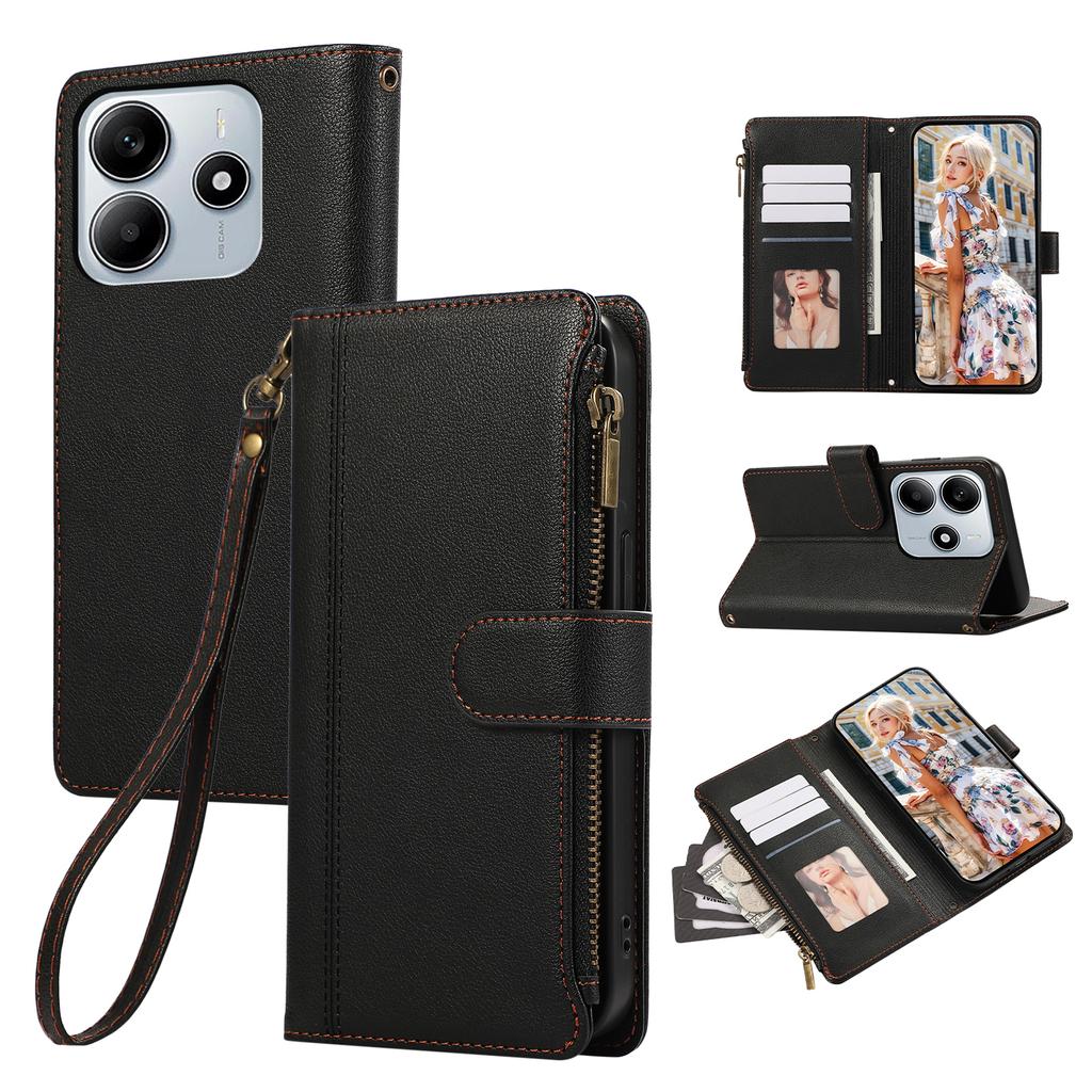 For Xiaomi Redmi Note 14 4G (163.25mm) Case Multi Card Slots Zipper Leather Phone Cover with Wrist Strap - Purple