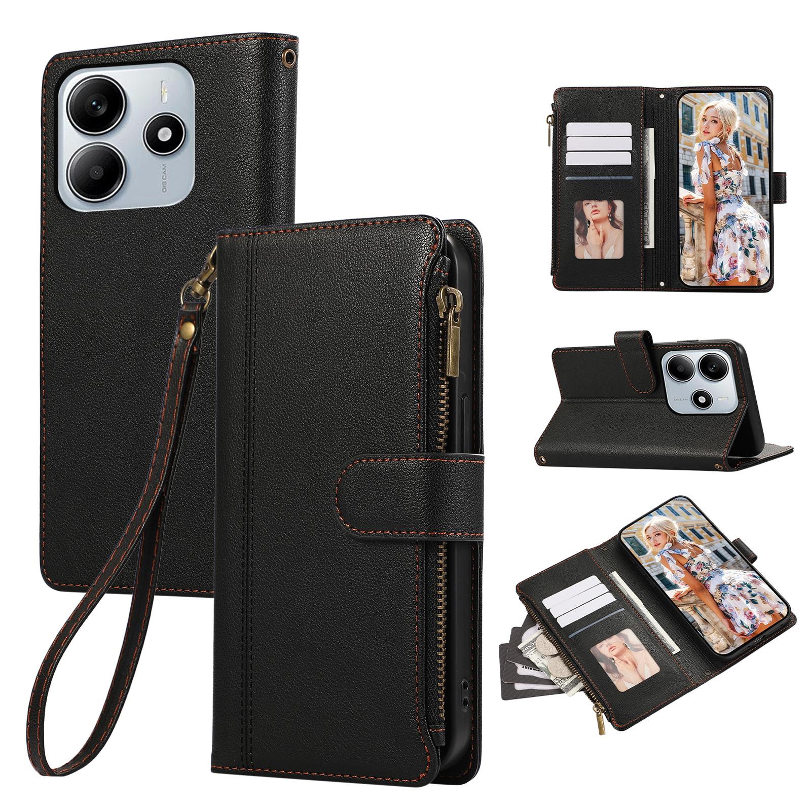 

For Xiaomi Redmi Note 14 4G (163.25mm) Case Multi Card Slots Zipper Leather Phone Cover with Wrist Strap - Purple Black