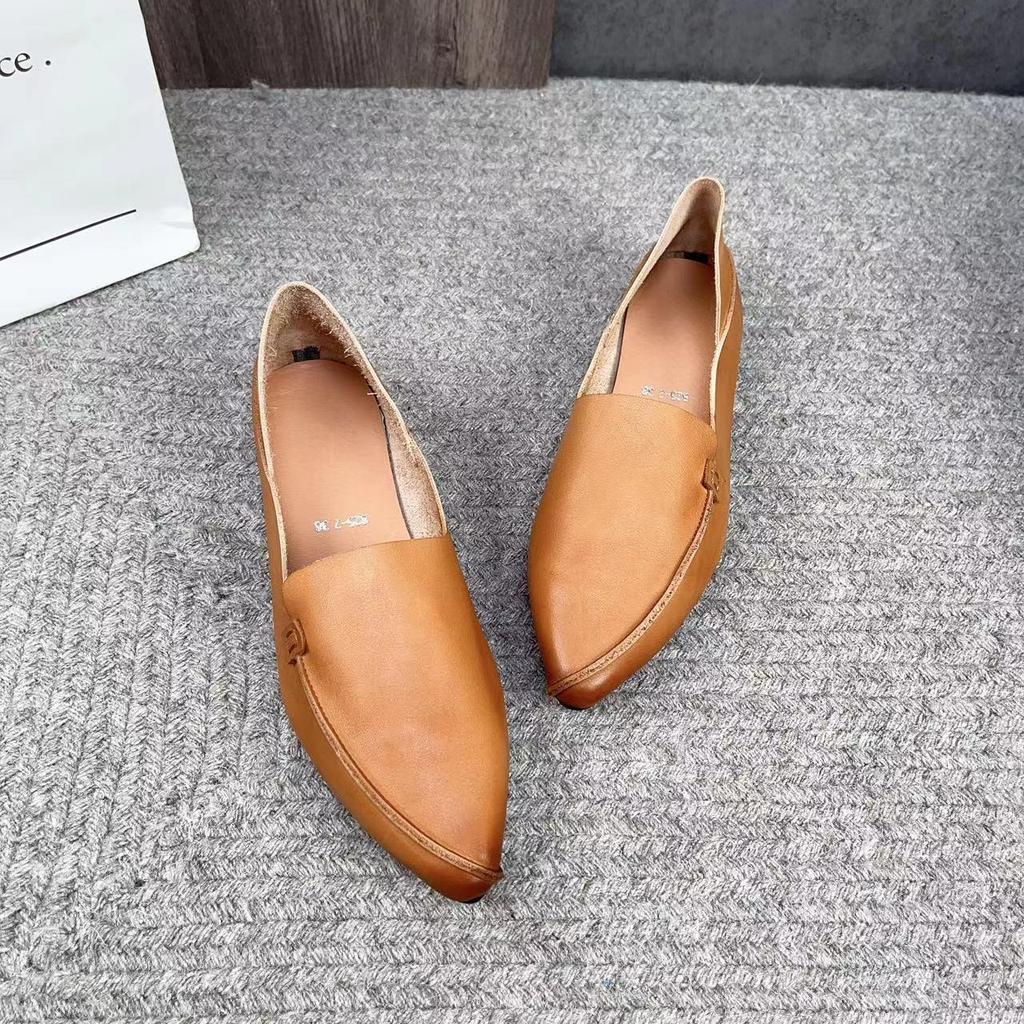 Johnature Retro Women Genuine Leather Pointed Toe Flats Shoes Handmade Shallow Soft Sole Solid Color Slip-on Shoes