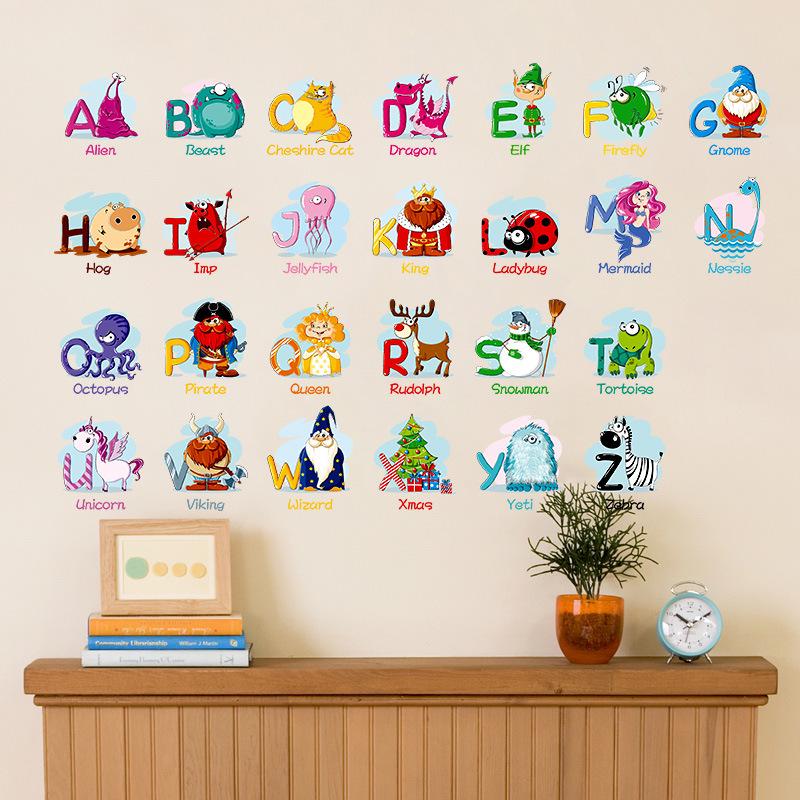 26 Alphabet Stickers English Words Cartoon Animals for Kids Room Kindergarten Classroom Wall Decoration