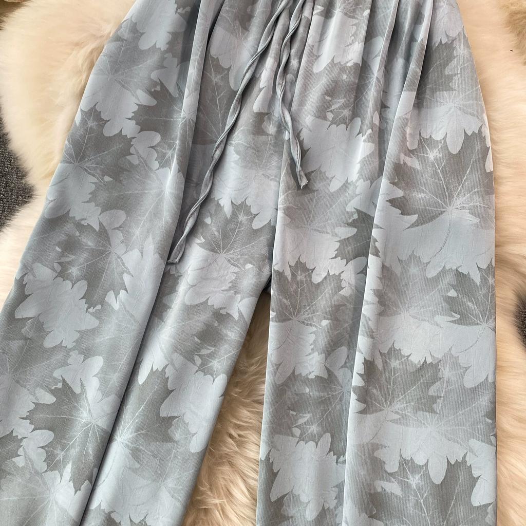 High Quality Ink-wash Acetate Satin Tie-Dye Rayon Wide-Leg Pants for Women Summer High-Waisted Slimming Loose-Fit Trousers