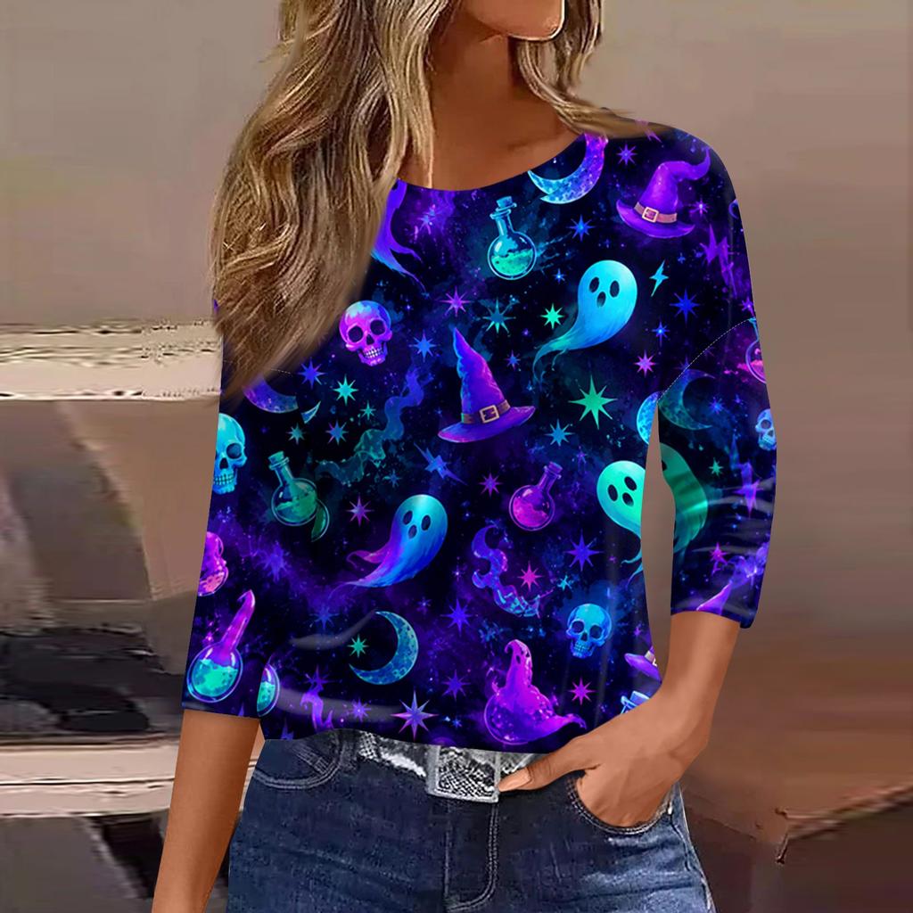 Women's Casual Three-Quarter Sleeve Round Neck Top with Halloween Print for Holiday Outfits