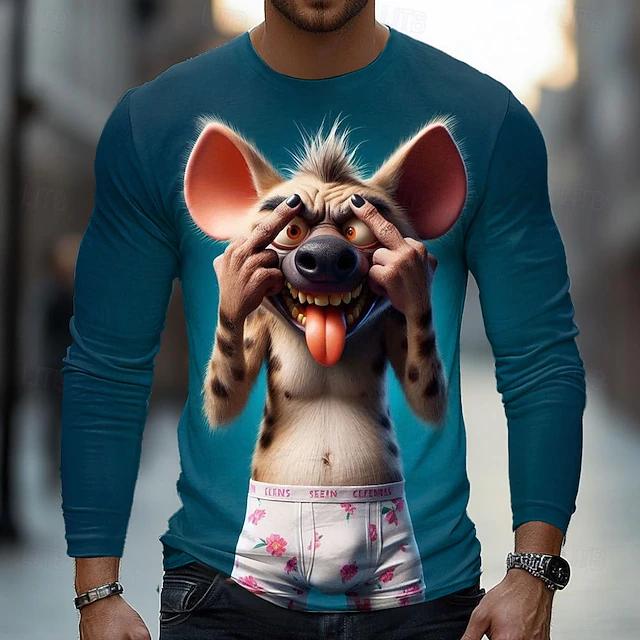 Spring and Autumn Round Neck 3D Cartoon Hyena Graphic Printed Top Fashionable Casual Long Sleeved Men's T-shirts