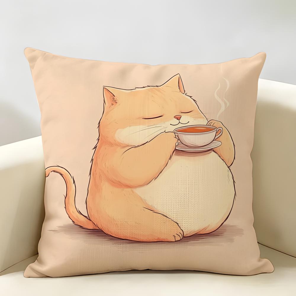 Cat Drink Coffee Cute Funny Cushion Cover Natural Linen Organic Fabric DoubleSided Printing Room Sofa Decor Pillow Case