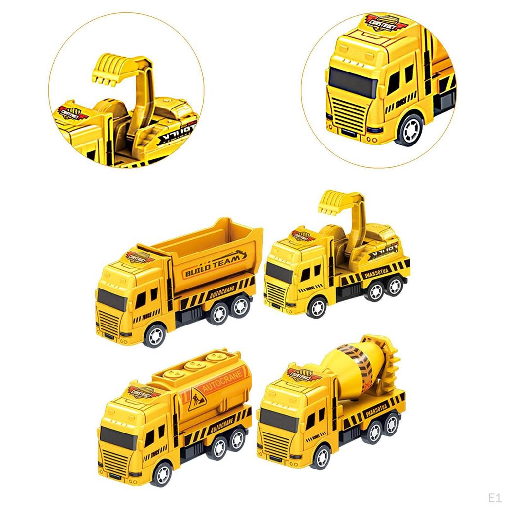 4x Pull Back Engineering Vehicles Movable Joints Xmas Gifts Sturdy Treasure Box Children Toy Yellow