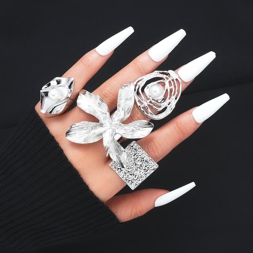 2025 New European & American Irregular Alloy Flower Ring Set - 4-Piece Exaggerated Niche Design for Women
