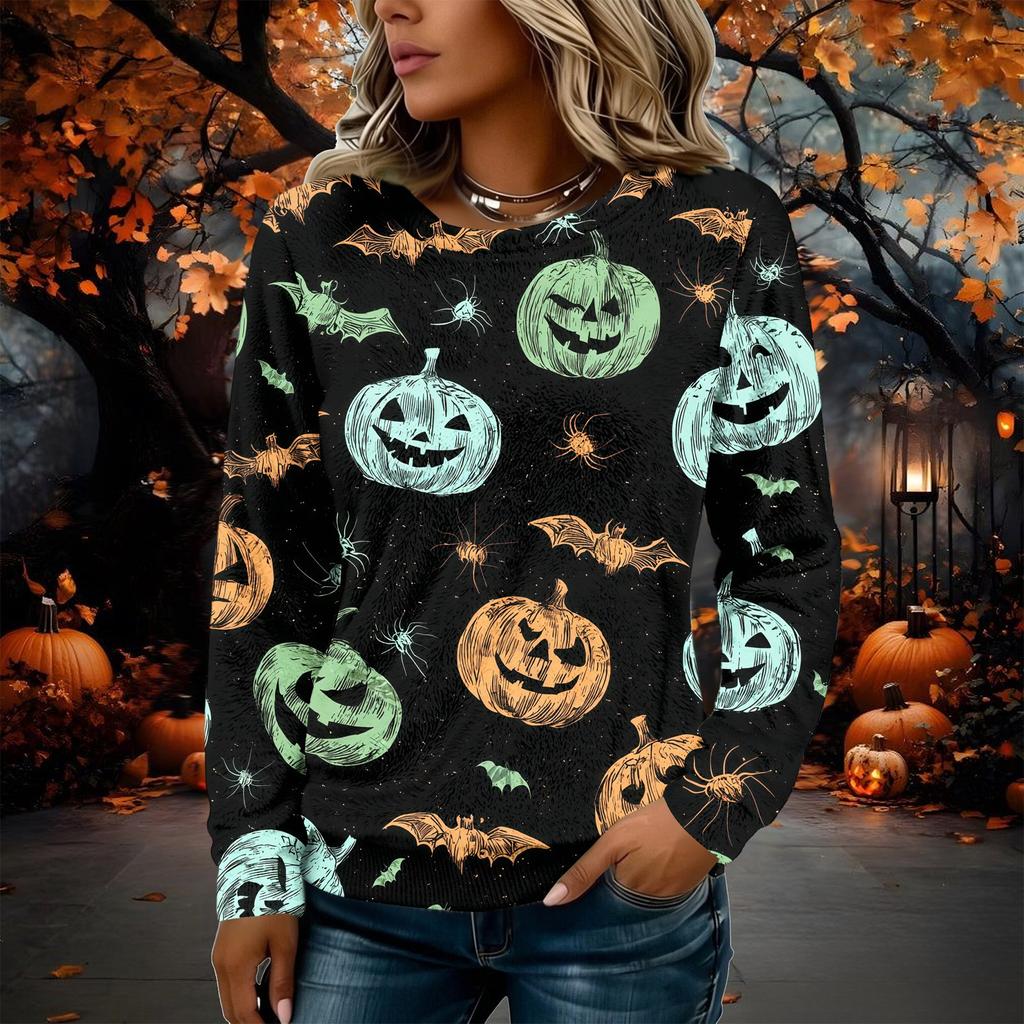 Women's Flannel Long Sleeve Top with Halloween Print Neck Pullover Shirt
