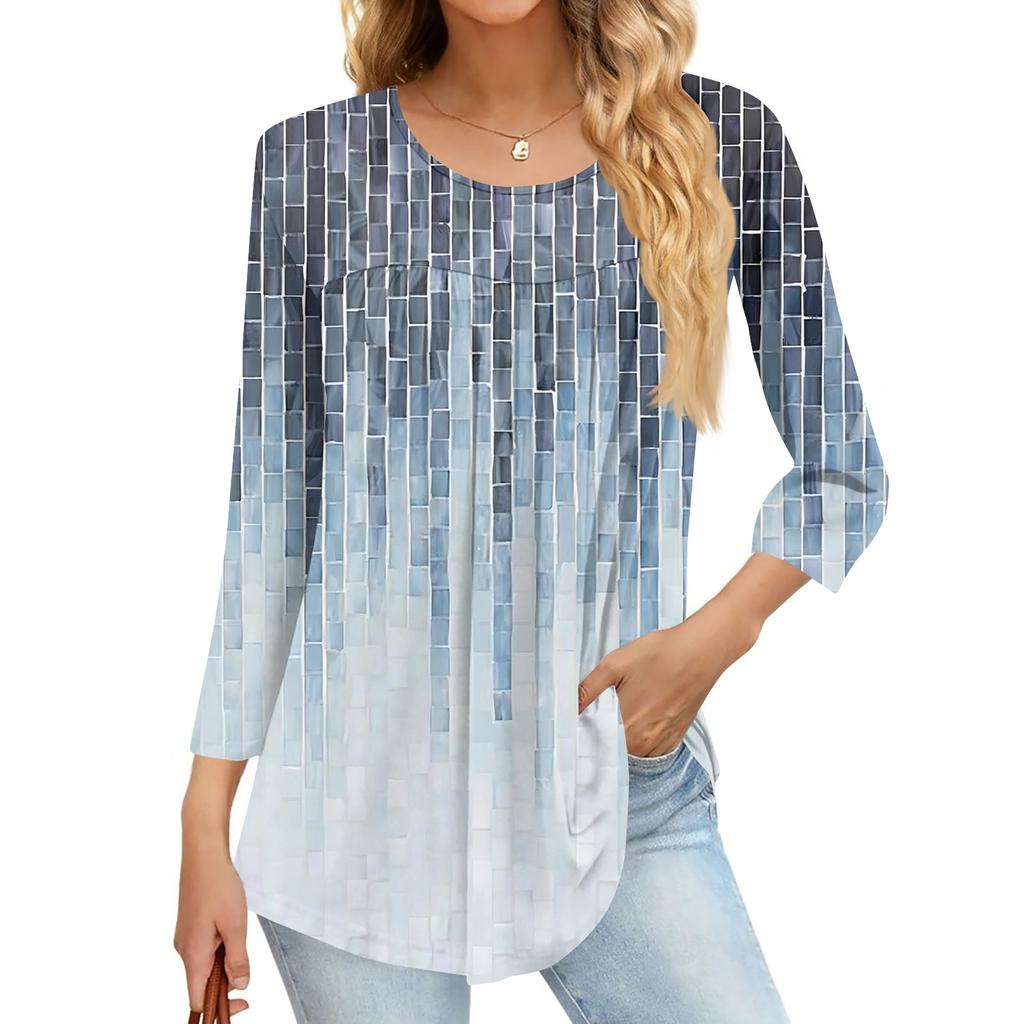 Damenmode Lässiges Dreiviertelarm-Oberteil mit Aufdruck und Rundhalsausschnitt