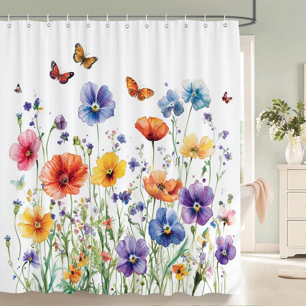 Beautiful Flowers Butterfly Shower Curtain Blue Floral Printed Bathroom Bath Curtain Home Decoration Curtain With Hooks