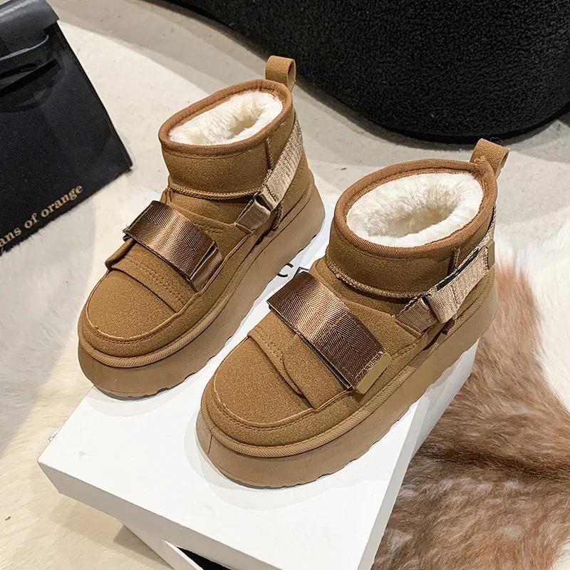 

Модная зимняя женская обувь из коровьей замши, модные зимние ботинки 2024 года для девочек, дизайнерские ботинки на плоской платформе, повседневные утолщенные роскошные кроссовки 35