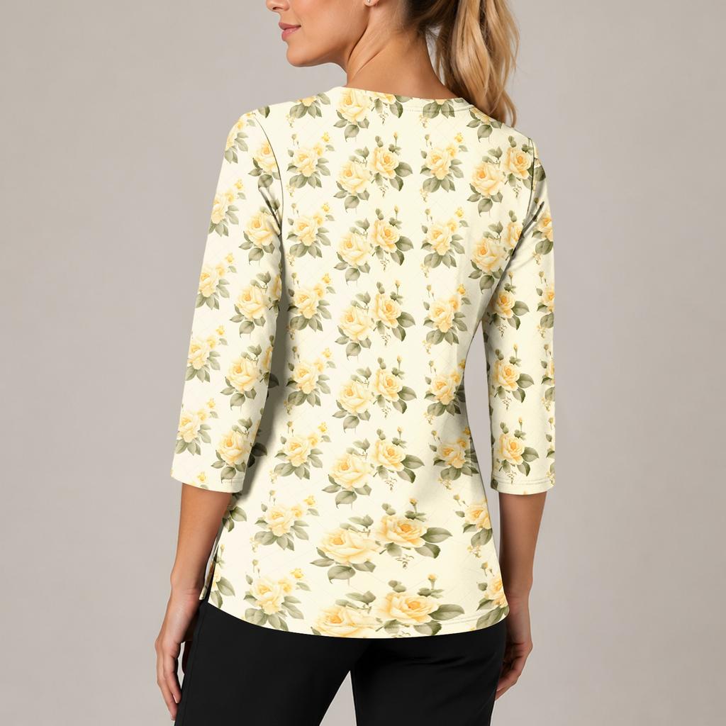 Women's Floral Print V-Neck Scrub Top with Pockets, 3/4 Sleeves and Side Slits for Uniform