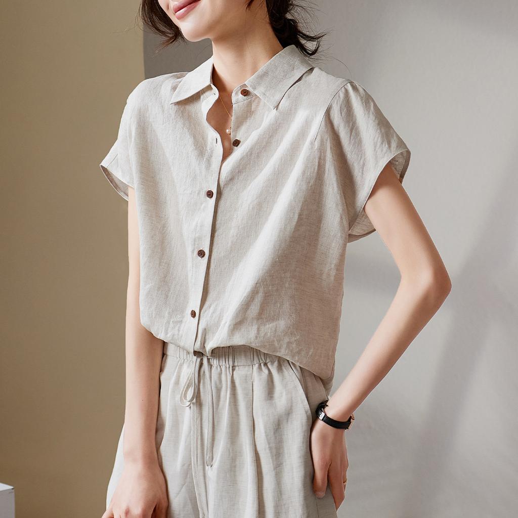 Breathable linen short sleeved shirt for women's 2026 summer commuting and leisure versatile short top
