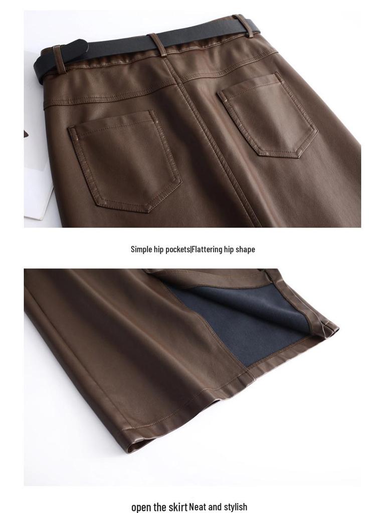 Modischer Damen-Lederrock aus Lammleder mit Schlitz - Hohe Taille, Mittellang, Faltenmildernd, Trendiger Pendlerstil.
